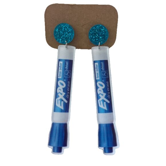 Expo Marker Blue Post Earrings Novelty Funcore Whimsy Statement Teacher Office - Picture 1 of 4
